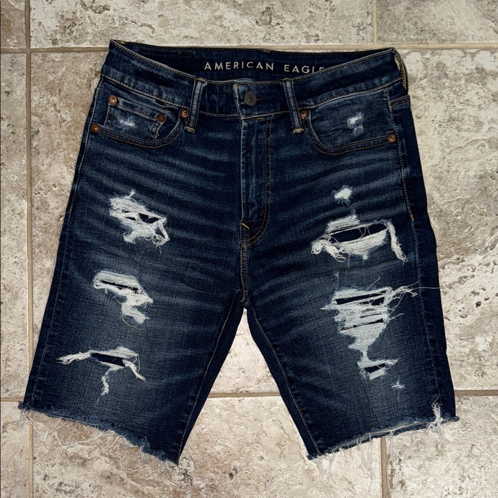 American Eagle Outfitters Men's Ripped Jean Shorts - Dark Blue